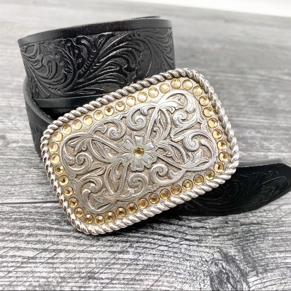 Justin Boots Black and Silver Belt with Gold Accents